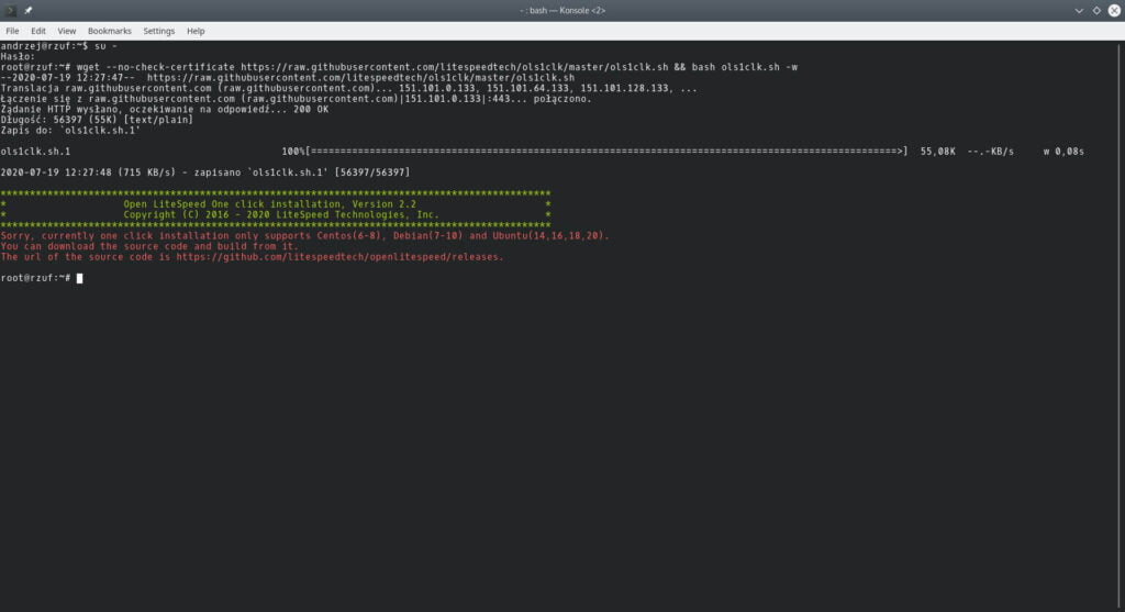 Screen terminala w Debianie.