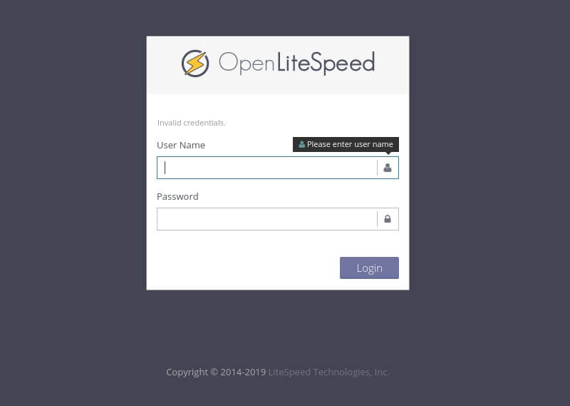 Panel logowania OpenLiteSpeed.